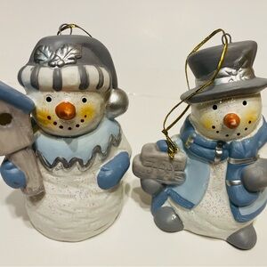 Two Christmas White Blue Hand-Painted Ceramic Snowman Holiday Ornament Vintage